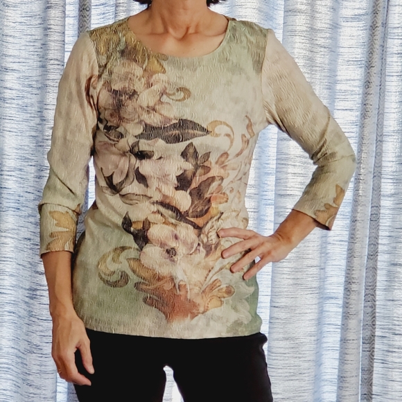 LAURA SCOTT Floral fauna graphic print textured feel top tunic Med.3/4 sleeves - Picture 1 of 4